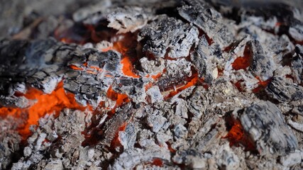 Burning coals in barbecue grill. Coal is ending and turns to ash