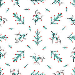 Floral Vector Seamless Pattern. Background with Plant. Doodle Branches with Leaves, Flowers and Berries
