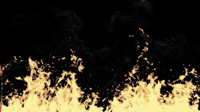 Fire wall in slow motion on black background, Huge hellfire burning up, intense fuel blazing.