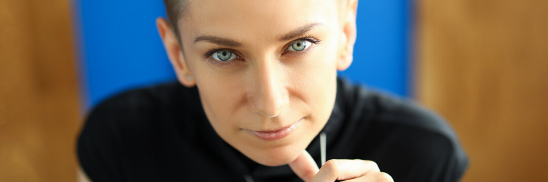 Strict Female Portrait At Office Looking In Camera