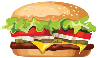 Big juicy burger. Fast food in cartoon style.