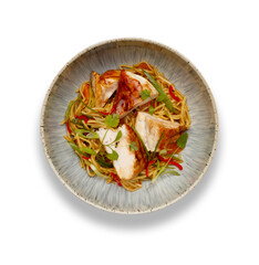 A delicious bowl of chicken chow mein, noodles and vegetables, in a rustic bowl isolated on white