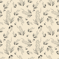 Seamless seahorse repeat pattern including bubbles and seaweed. Surface, tile, fabric wallpaper. © Mara Louvain