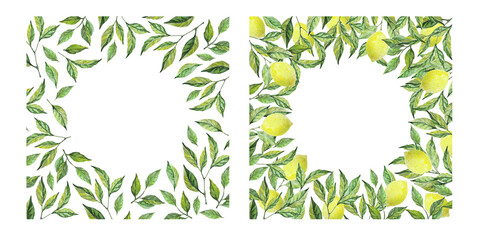 Set of two plant frames. Foliage frame with foliage and lemons frame. Place for text, photo, date. invitation, postcard, logo. Lemon tree branches. Watercolor illustration. 