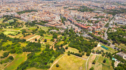 Fototapeta na wymiar Aerial view of the Via Appia and Via Tuscolana in Rome from the Caffarella park