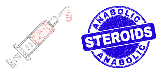 Web mesh blood syringe pictogram and Anabolic Steroids seal stamp. Blue vector round textured seal stamp with Anabolic Steroids message.