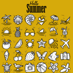 Set of icons and design elements for summer holidays and beach rest in doodle style