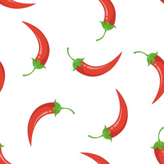Vector seamless pattern of pods of red chili peppers on a white background.