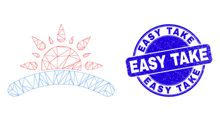 Web carcass sunrise pictogram and Easy Take seal. Blue vector rounded grunge watermark with Easy Take title. Abstract carcass mesh polygonal model created from sunrise pictogram.