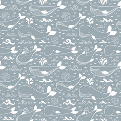Sea Animal Background for Kids. Vector Seamless Pattern with Cute Whales, Fishes and Sea Waves. Cartoon Ocean Animals.
