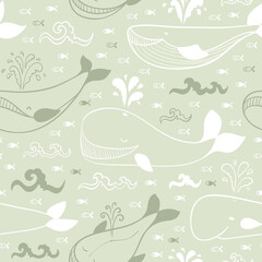 Sea Animal Background for Kids. Vector Seamless Pattern with Cute Whales, Fishes and Sea Waves. Cartoon Ocean Animals.
