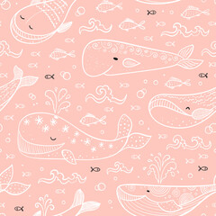 Cartoon Ocean Animals Background for Kids. Vector Seamless Pattern with Cute Whales, Small Fishes and Sea Waves
