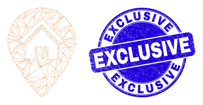 Web carcass house map marker icon and Exclusive seal stamp. Blue vector round scratched seal stamp with Exclusive message. Abstract carcass mesh polygonal model created from house map marker icon.