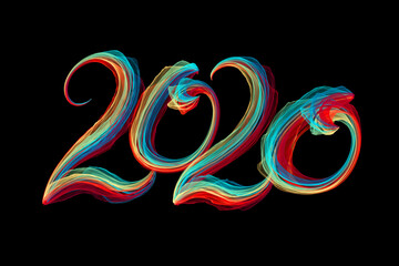 Happy new year 2020 numbers lettering written by colorful flame particles isolated on black background