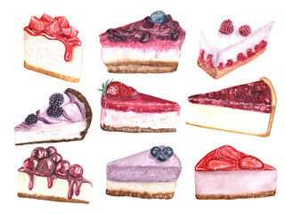Watercolor illustration of berry cheesecakes on a white background