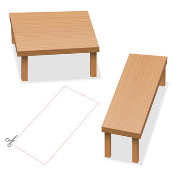 Optical illusion, two tables with same size of tabletop. Cut out the red rectangle, compare, check and wonder. Vector illustration on white background.
