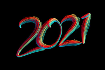 Happy new year 2021 numbers lettering written by colorful flame particles isolated on black background