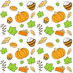 Seamless pattern with pumpkins, spice latte, donates, cupcakes, leaves. Autumn harvest, Thanksgiving,  pumpkin spice background.