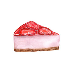 Watercolor illustration of strawberry cheesecake on a white background