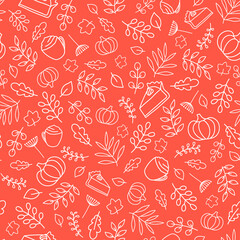 Thanksgiving seamless pattern with pumpkin, pie slice, latte, leaves, branches. Cute autumn background. Pumpkin spice mood.