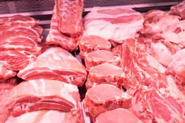 Close up of meat in a supermarket. Raw meat at butcher shop