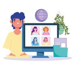 online meeting or conference during coronavirus covid 19, guy with computer connection world people