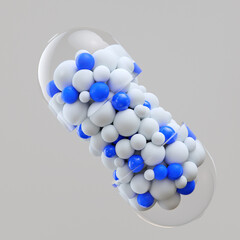 Close-up open capsule or pill antibioic painkiller with many spheres medicine inside. Health medical concept. 3d render
