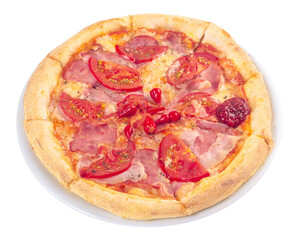 tasty homemade pizza on a white plate with tomatoes and ham. italian food isolated on the white background