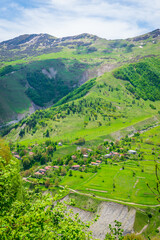 Village in Zemo mlieta with green nature around. Countryside of KAzbegi national park. Remore areas and small villages in caucasus.2020