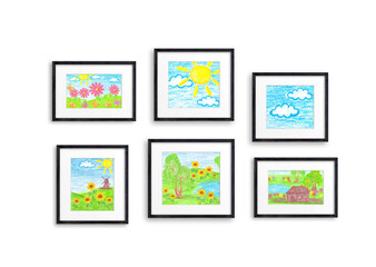 Six black frames set with colored pencils drawings, kid's art pictures collage, interior decor mock up