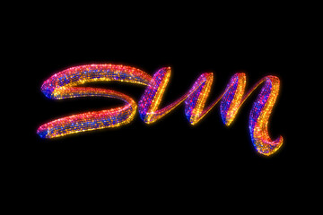 The word Sun written in bright rainbow particles. Hand drawing isolated on black background