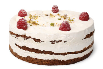 Cream cake with fresh raspberries on white background
