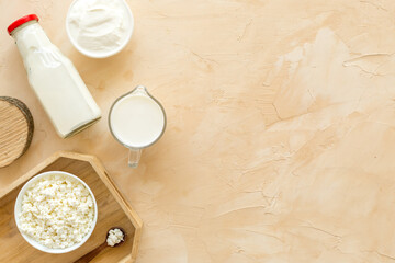 Dairy products - cottage cheese, milk, cream - top view copy space