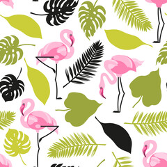 Seamless pattern with flamingos and tropical leaves. Wildlife. Vector illustration.