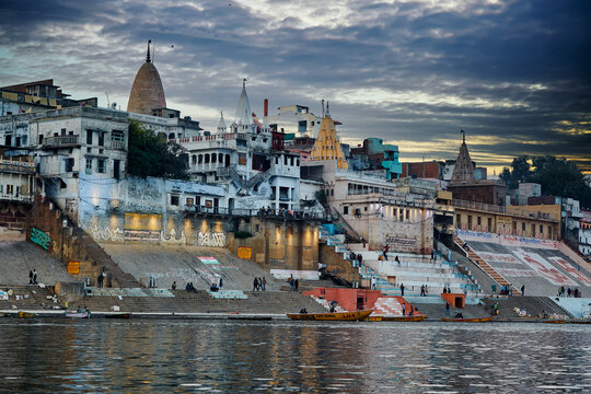 Varanasi cityscape from Ganges river side at sunset
