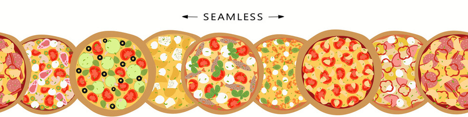 Horizontal seamless banner for website. Flyer witn different kinds of pizza and empty space for text. Flat vector design