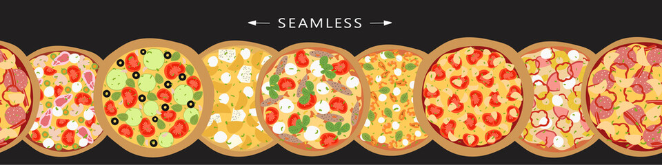 Horizontal seamless banner for website. Flyer witn different kinds of pizza and copy space for text. Flat vector design on black background
