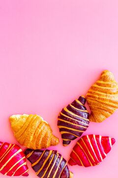 Set Of Croissants - Chocolate, Berry, Classic - On Pink Desk Top View