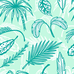 Tropical Palm Tree Leaves Vector Seamless Pattern. Hand Drawn Doodle Palm Leaf Sketch Drawing. Summer Floral Background. Tropical Plants Wallpaper
