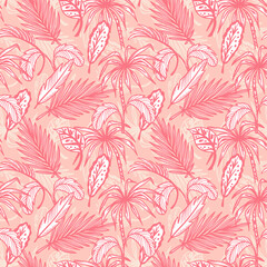 Tropical Palm Tree Leaves Vector Seamless Pattern. Hand Drawn Doodle Palm Leaf Sketch Drawing. Summer Floral Background. Tropical Plants Wallpaper
