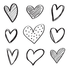 Set of  hand drawn hearts. Heart doodles.