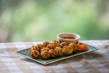 Deep Fried Wrapped Pork with Chinese Noodle, Savory snack classical Thai Cuisine