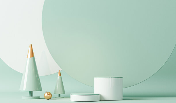 Minimal scene with podium and abstract background. Pastel blue and white colors scene. Trendy 3d render for social media banners, promotion, cosmetic product show. Geometric shapes interior.
