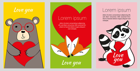 Cute happy animals bear, foxes, raccoon in a set of romantic vertical cards with the inscription Love you and a place for text. Vector design for valentines day. Greeting card, invitation, poster, ban
