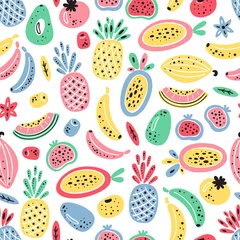 Muurstickers Cartoon Tropical Fruits and Berries Vector Seamless Pattern. Colorful Fruit Wallpaper. Healthy Summer Food Background  © AllNikArt
