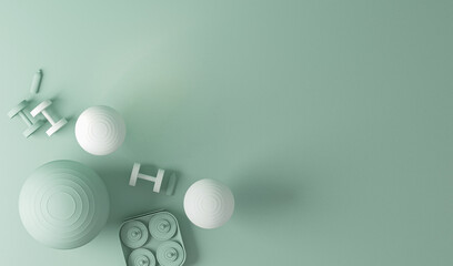 Fitness ball, weights on Pastel blue and white colors scene. Top view. Trendy 3d render for sport fitness equipment, female concept, lifting in the gym and exercise daily background
