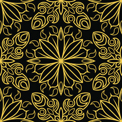 Black seamless background with a gold pattern, floral, oriental motif of tiles or mosaics.