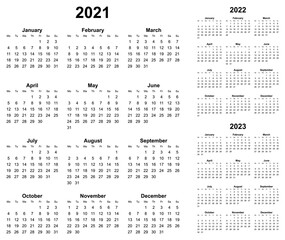 Simple editable vector calendars for years 2021 2022 2023 mondays first