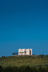 Fototapeta na wymiar Castel del Monte in the countryside of Andra Apulia region standing out against the blue sky