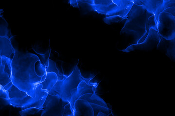 Abstract illustration with blue gas fire flame over black background. Mystical border with copy space.
